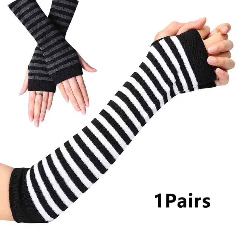 Women's Winter Knitted Gloves Girls' Cotton Fingerless Long Bracelet Arm Warmth Long Sleeve Striped Elbow Protection