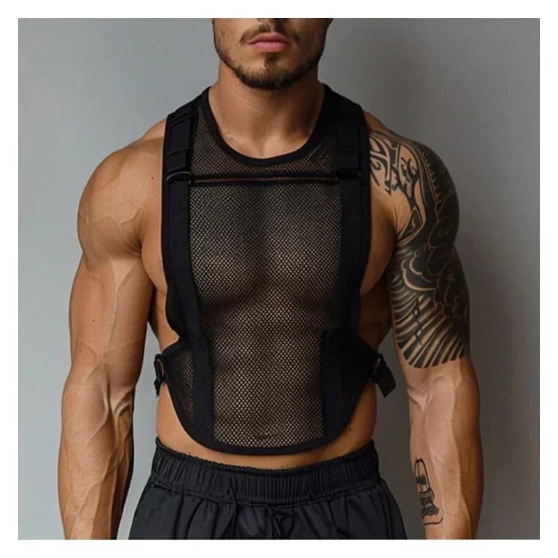 Men's Sheer Mesh Fitness Sleeveless Vest Outdoor Sports Black Cutout Vest Top Men's Summer Mesh Vest Men's Clothing Men Tank Top