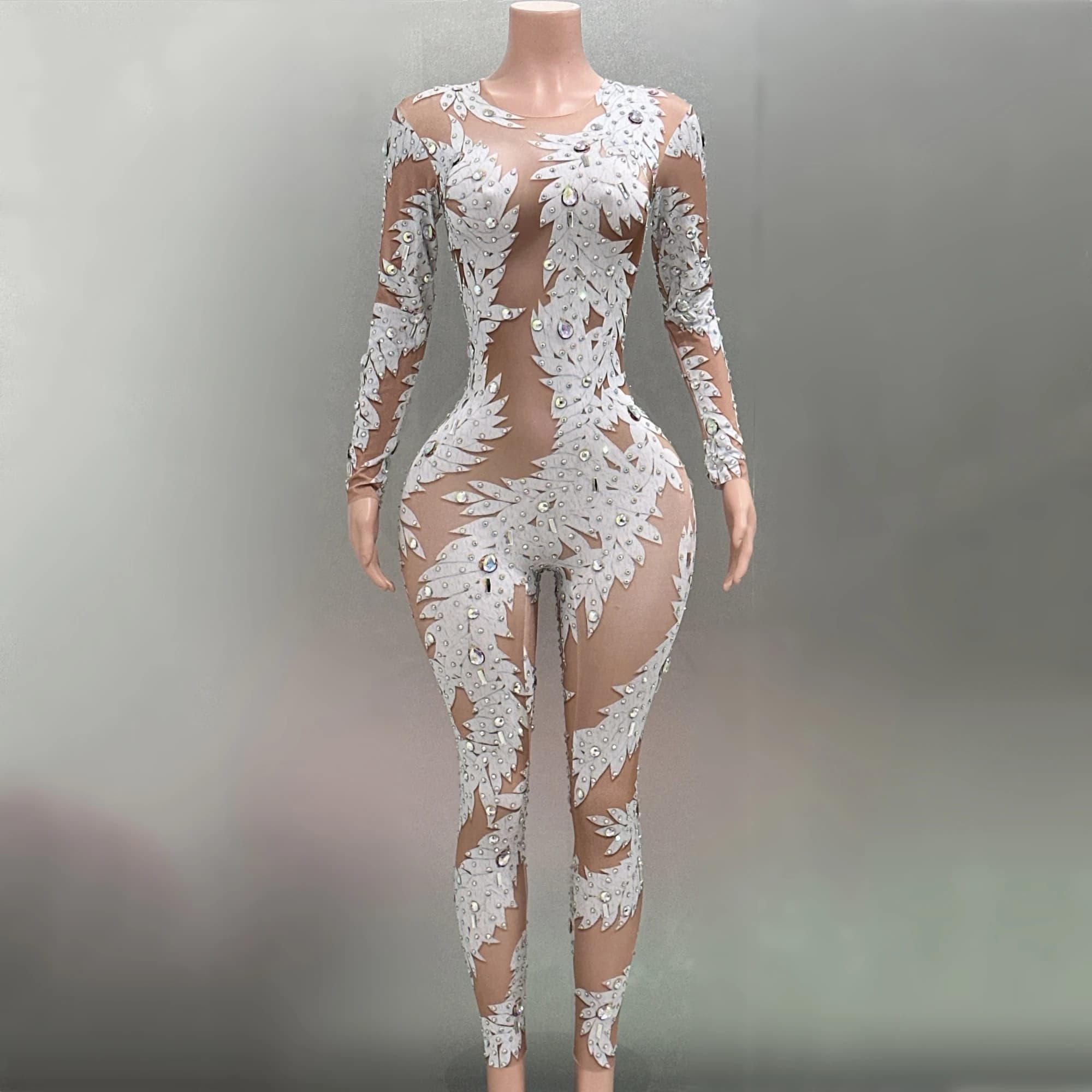 Women Long Sleeve Sexy Crystal High Stretch Bodycon Long Jumpsuit Celebrate Nightclub Party Performance Costume Stage Wear