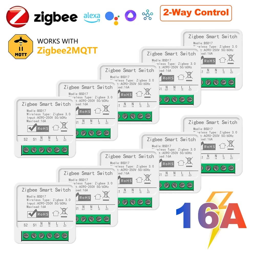 Zigbee2MQTT Zigbee3.0 Mini Light Smart DIY Switch 2Way 16A Module Control Smart Relay Automation Breaker Works With Google Home