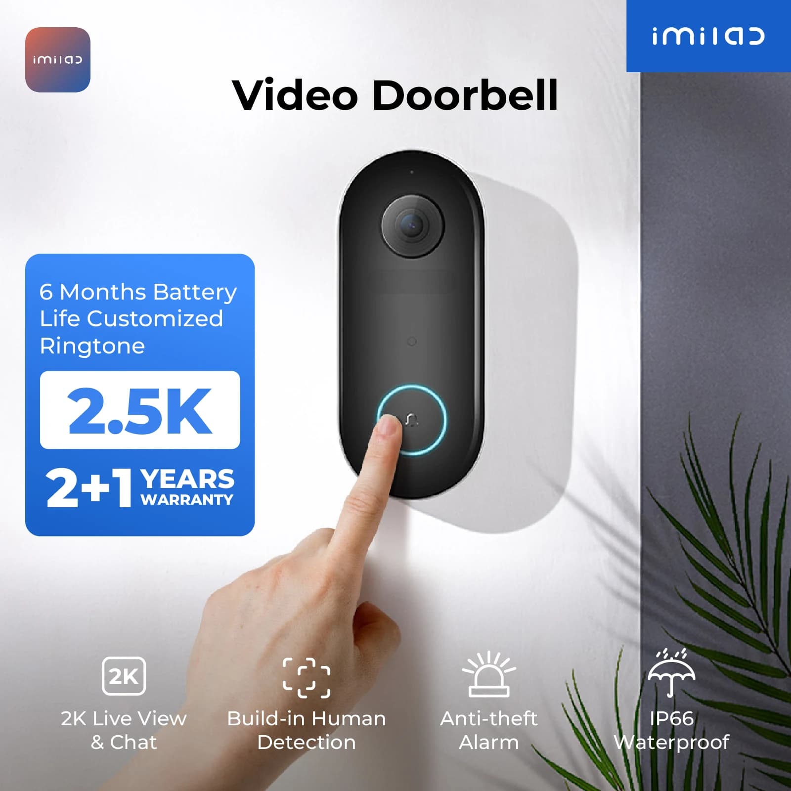 IMILAB Smart Video Doorbell 5200mAh Security Camera Accurate Human Detection Local Storag Instant Alert 2.5k