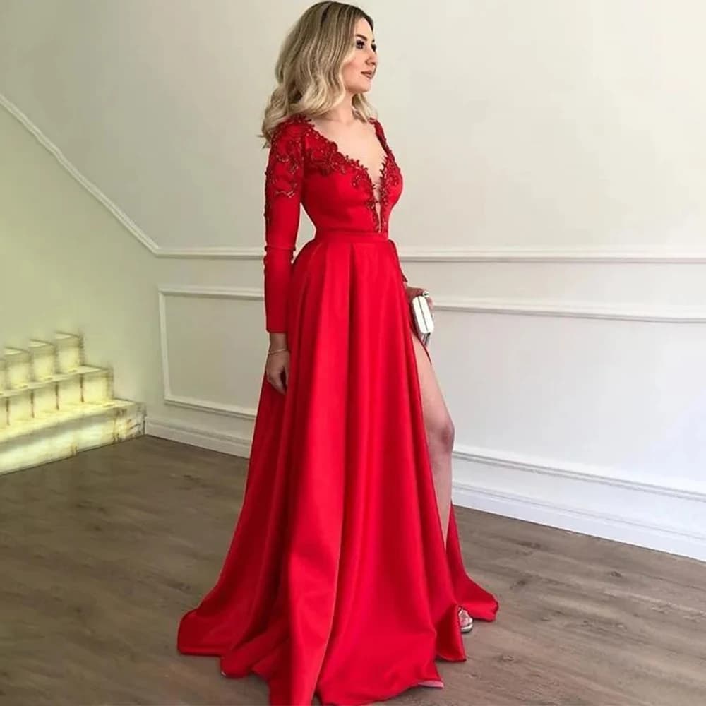 Red Women Evening Dress A-Line Side Slit Long Sleeve Applique Floor Length Wedding Party Customized Satin Banquet Guest Gowns