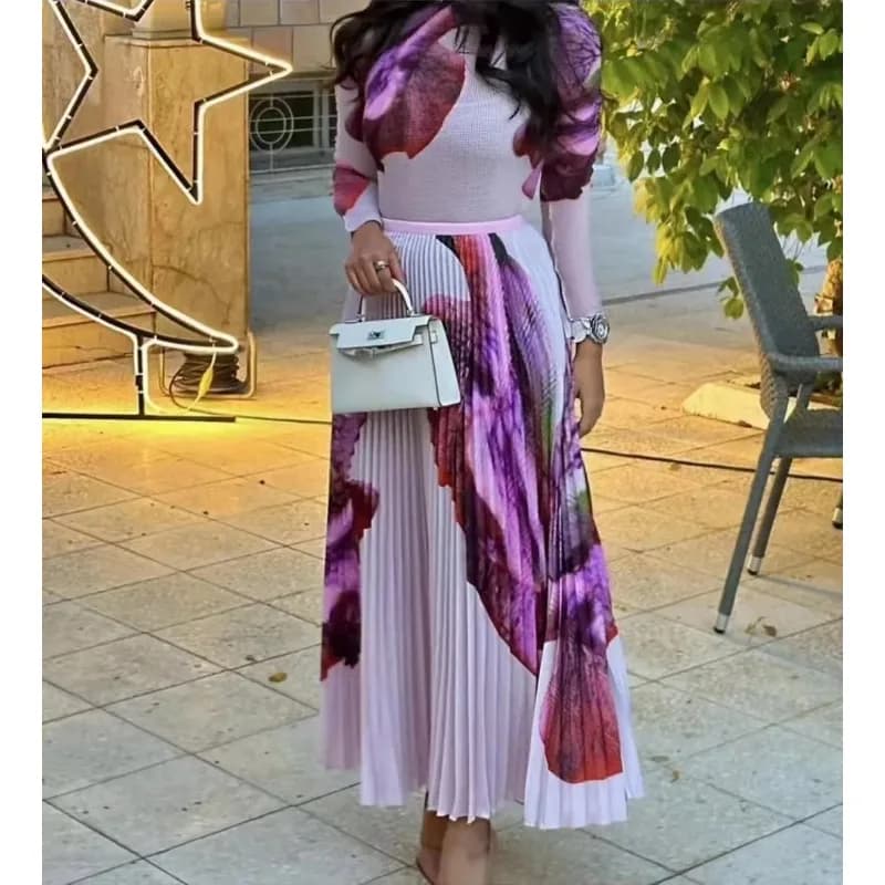Miyake Pleated Corn Grain Top Long Half Skirt Set Fashion Loose Plus Size Elastic Full Sleeve Top Long Skirt Set