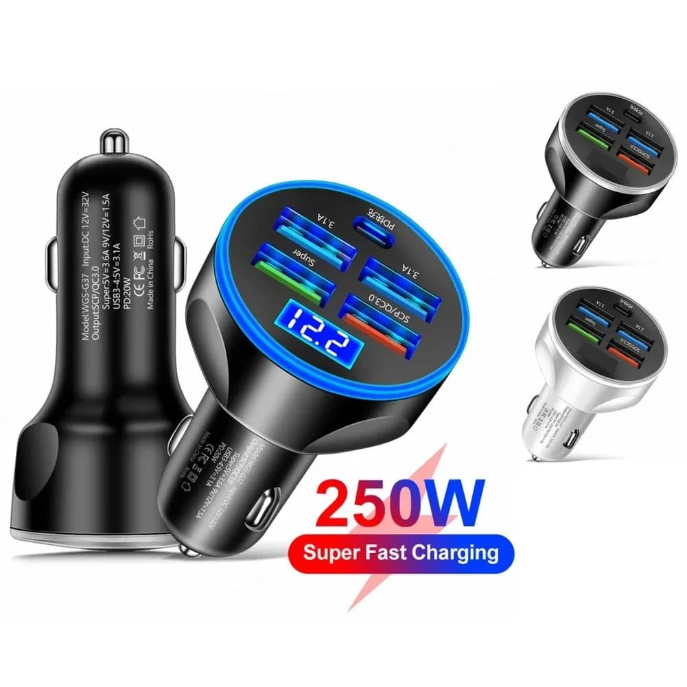 Car 250W Phone Charger 6 Ports Fast Charging PD QC3.0 USB C Car Phone Charger Type C Adapter in Car For iPhone 15 Samsung Huawei