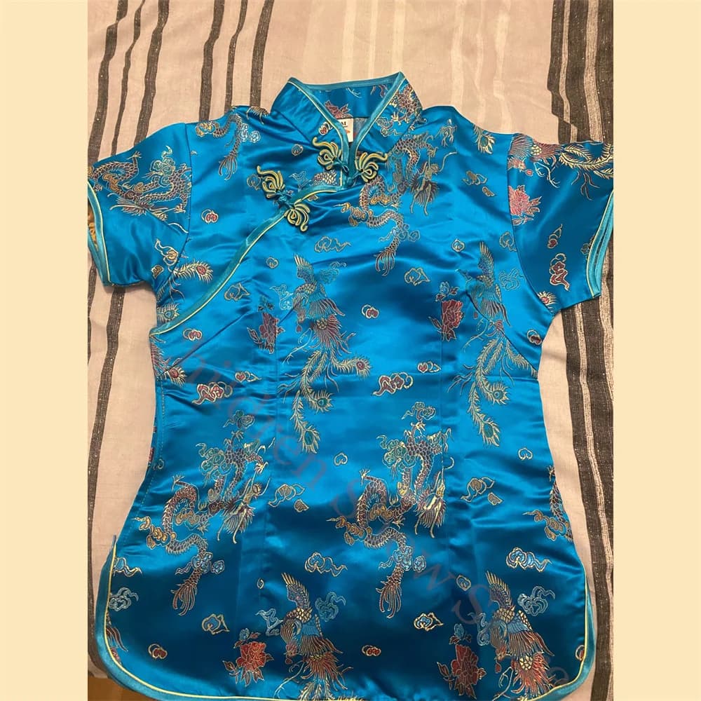 Lake Blue Tang Clothes Lady Slim Qipao Tops Vintage Mandarin Collar Shirt Chinese Style Costume Oversize Blouse Satin Clothing