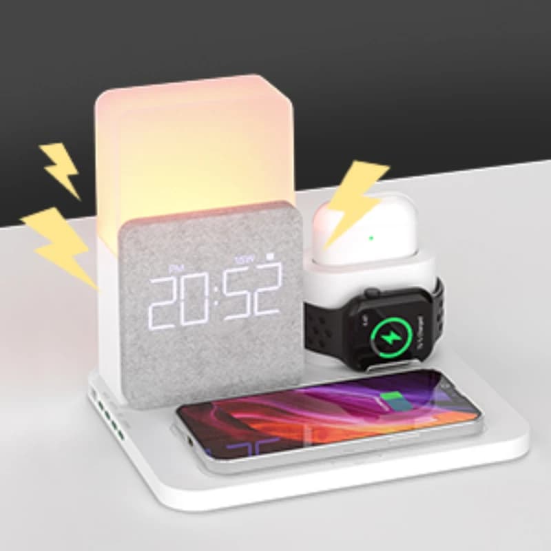 4 In 1  Fast Charging Stand Dock  Wireless Charger with Alarm Clock for iPhone 14 13 12 11 Apple Watch 8 7 6 IWatch Airpods Pro