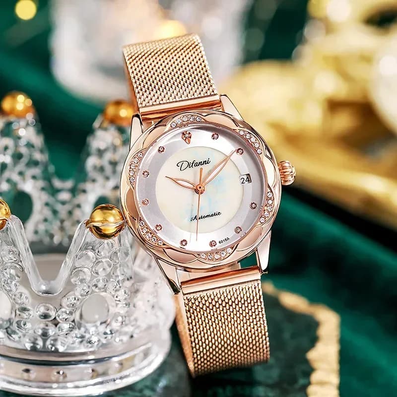 Women's Gold and Diamond Watch Tourbillon Automatic Luminous Waterproof Mechanical Watch Women's Casual Calendar Sports Watch