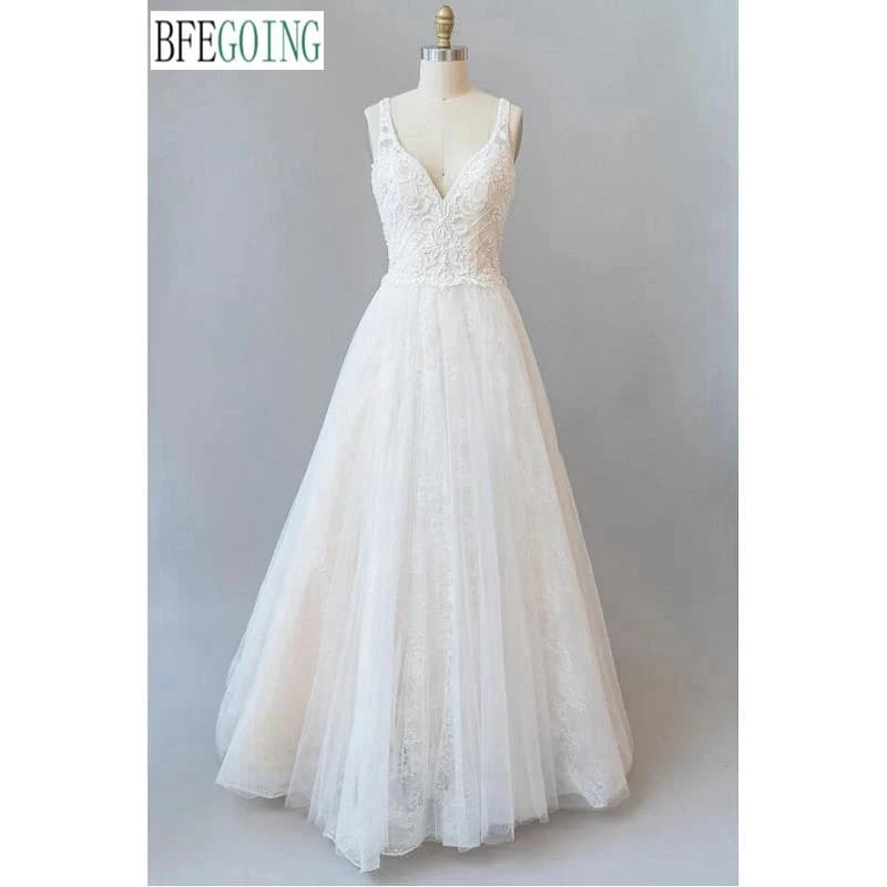 Luxurious Lace Appliques Beading V-Neck A-Line Wedding Dresses Chapel Train Custom Made Floor-Length Sleeveless Bridal Gowns