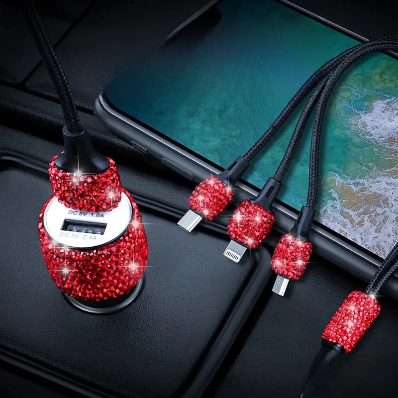 Diamond-encrusted Car USB Charger One to Three Universal with Data Cable Mobile Phone Charging Car Interior Supplies