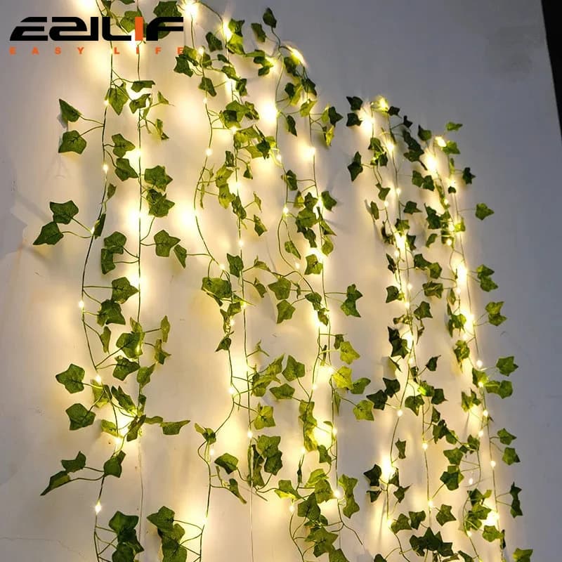 12/10/2m Fake Green Leaf Ivy Vine with LED Lights Home Bedroom Decor Wedding Glowing Artifical Plant Garland Home Decor