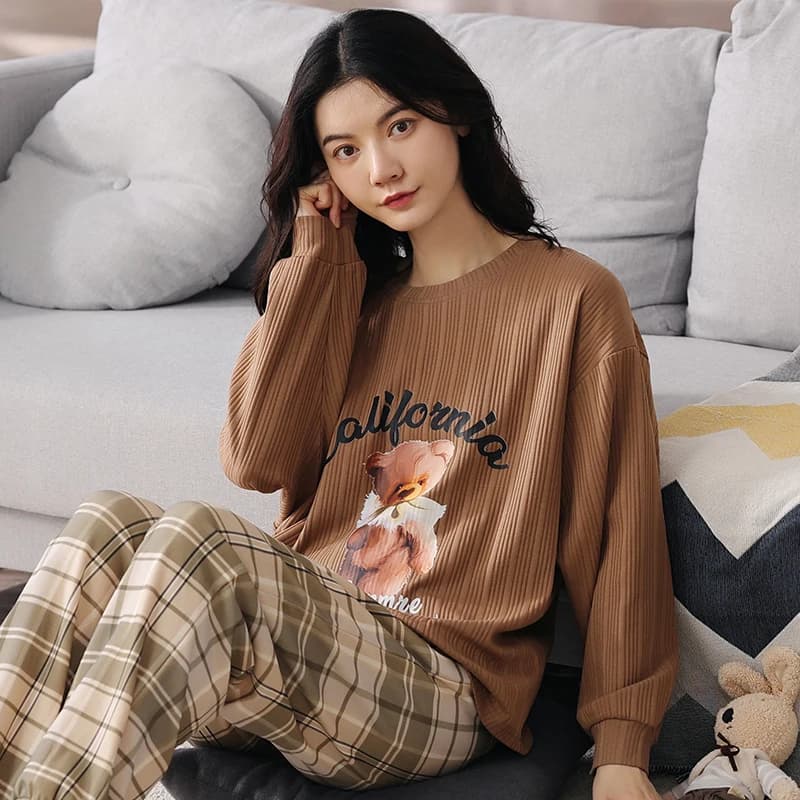 Brown top+plaid pants casual women's home wear spring and autumn pajamas round neck pure cotton set