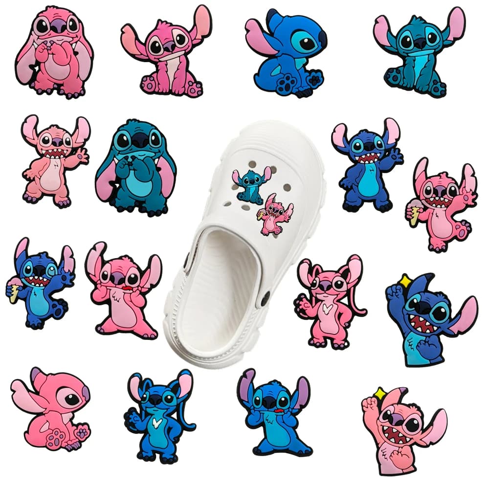1-16pcs Hot sales Cute Stitch Cartoon Series PVC shoe Charms Accessories DIY Fit Clogs PVC Shoe Decorations Buckle Kids Gifts