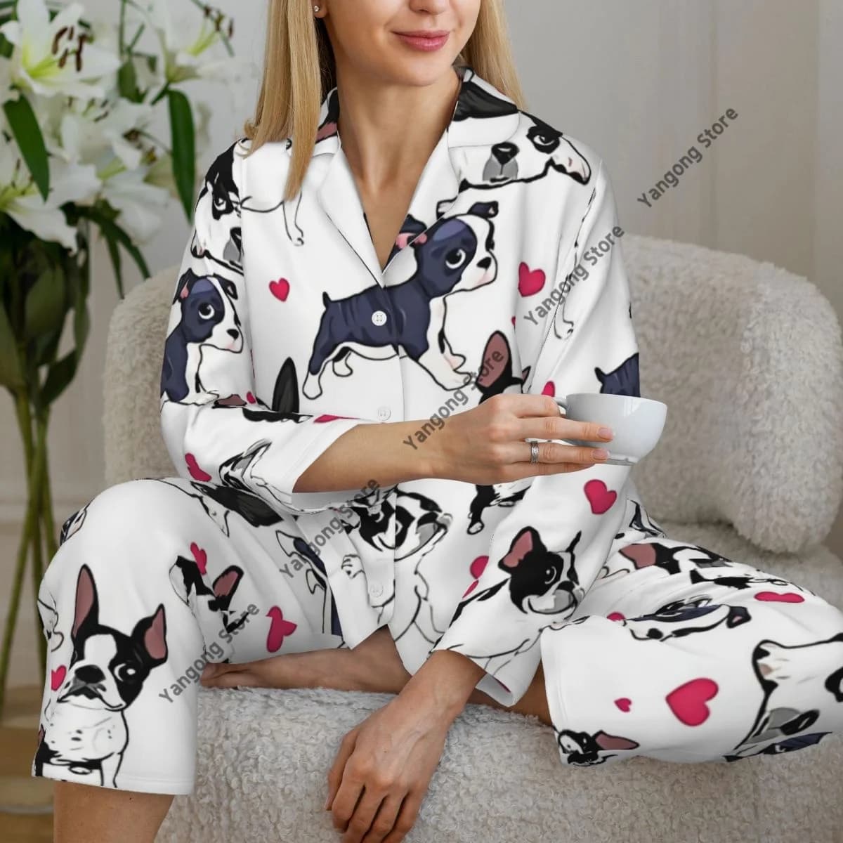Women Sleepwear Pajamas Boston Terrier Red Heart Cute Dog Long Sleeve Pijama Female Set Negligee Cardigan Suit
