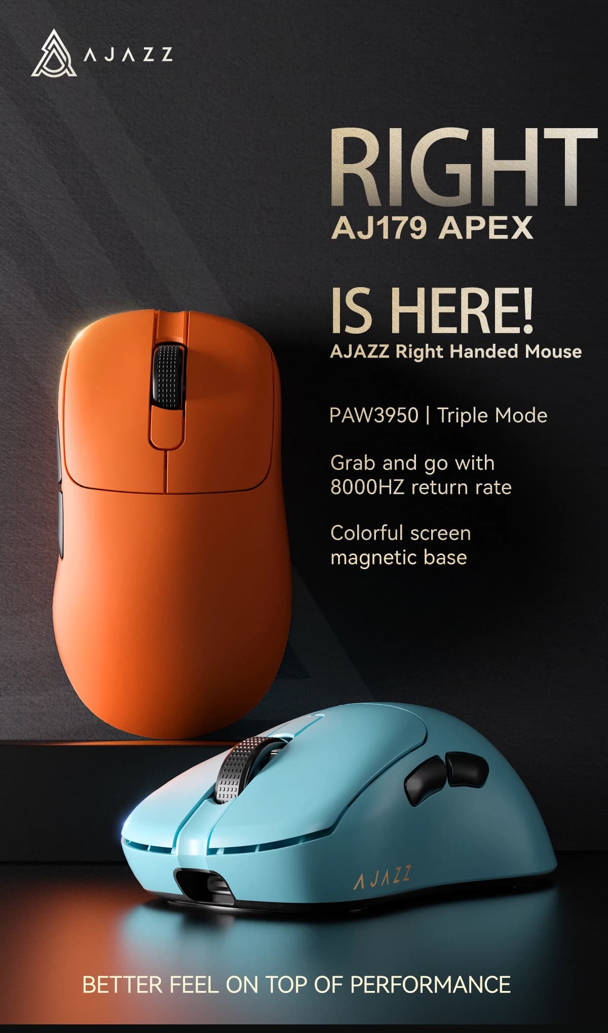 AJAZZAJ179 wireless gaming mouse three-mode 8k gaming right-hand lightweight color screen charging base PAW3395