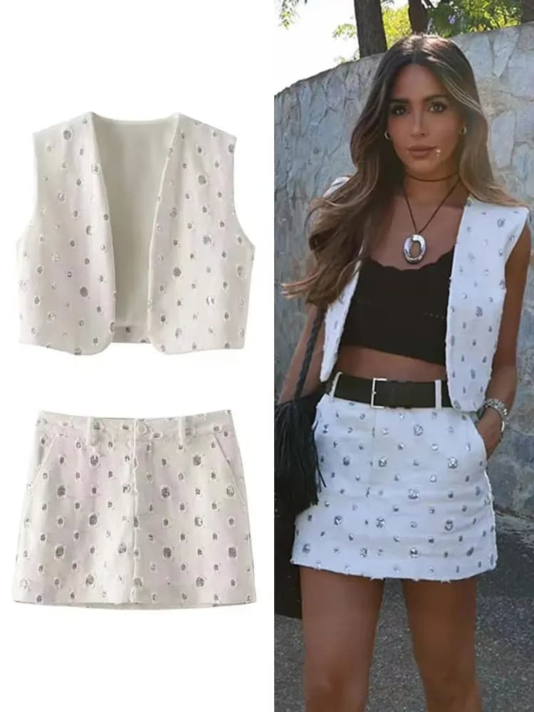 Elegant Sequin Skirt Sets For Women 2 Pieces Shinny Sleeveless Vest Women Suits 2024 Summer Fashion Zipped Skirts Set
