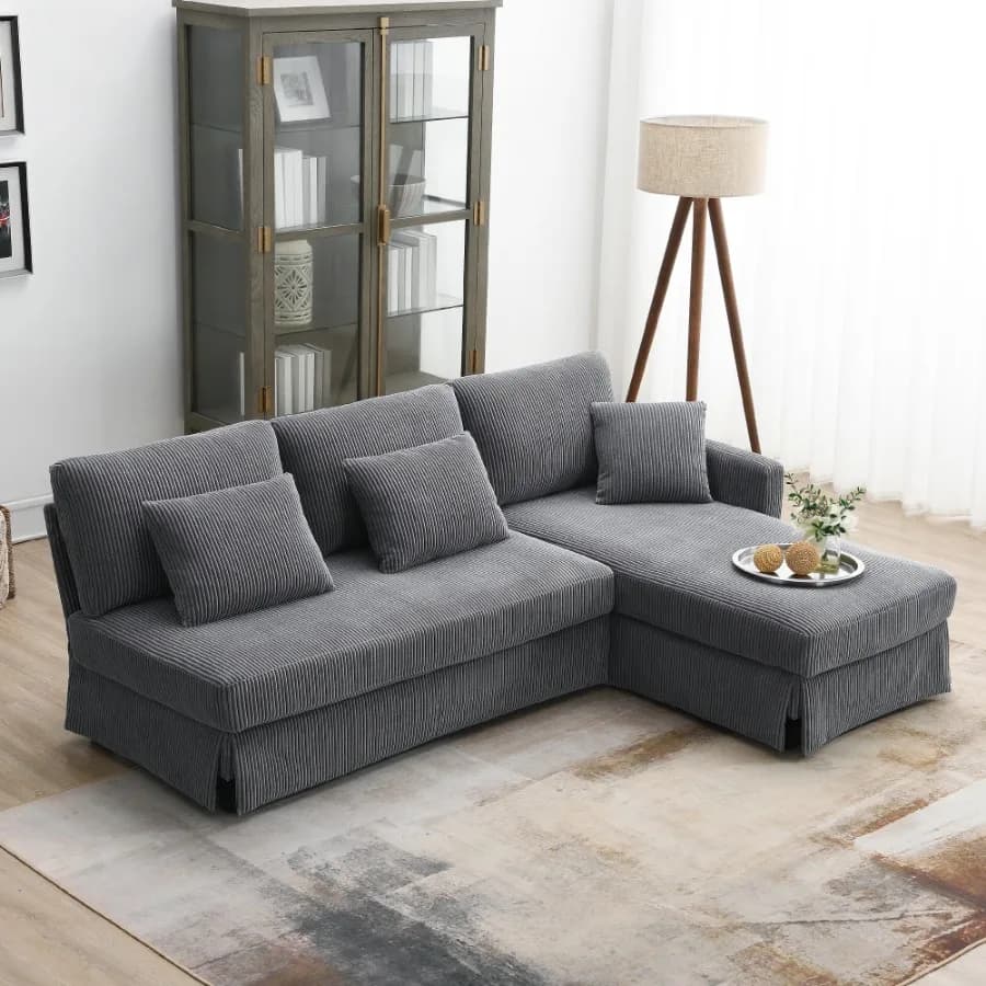 [VIDEO provided][New]87*61"Modern L-shaped Corduroy Sofa with Reversible Chaise,4-seat Upholstered Sectional Indoor Furn