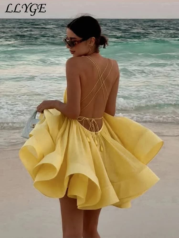 Beach Backless Short Puffy Sling Dress Women Sexy Lace Up Sleeveless A-line Dresses 2025 Summer Lady Vacation Seaside Solid Robe