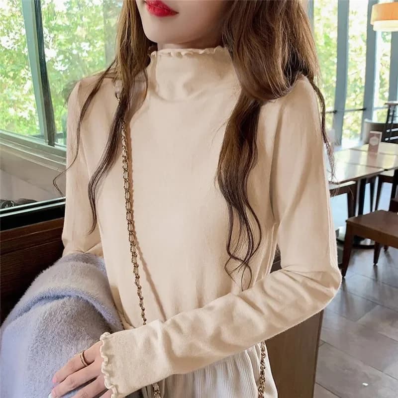 2023 Autumn and Winter Women Blouse Long Sleeve Solid Slim Turtleneck Fleece Versatile Tops Tees Female