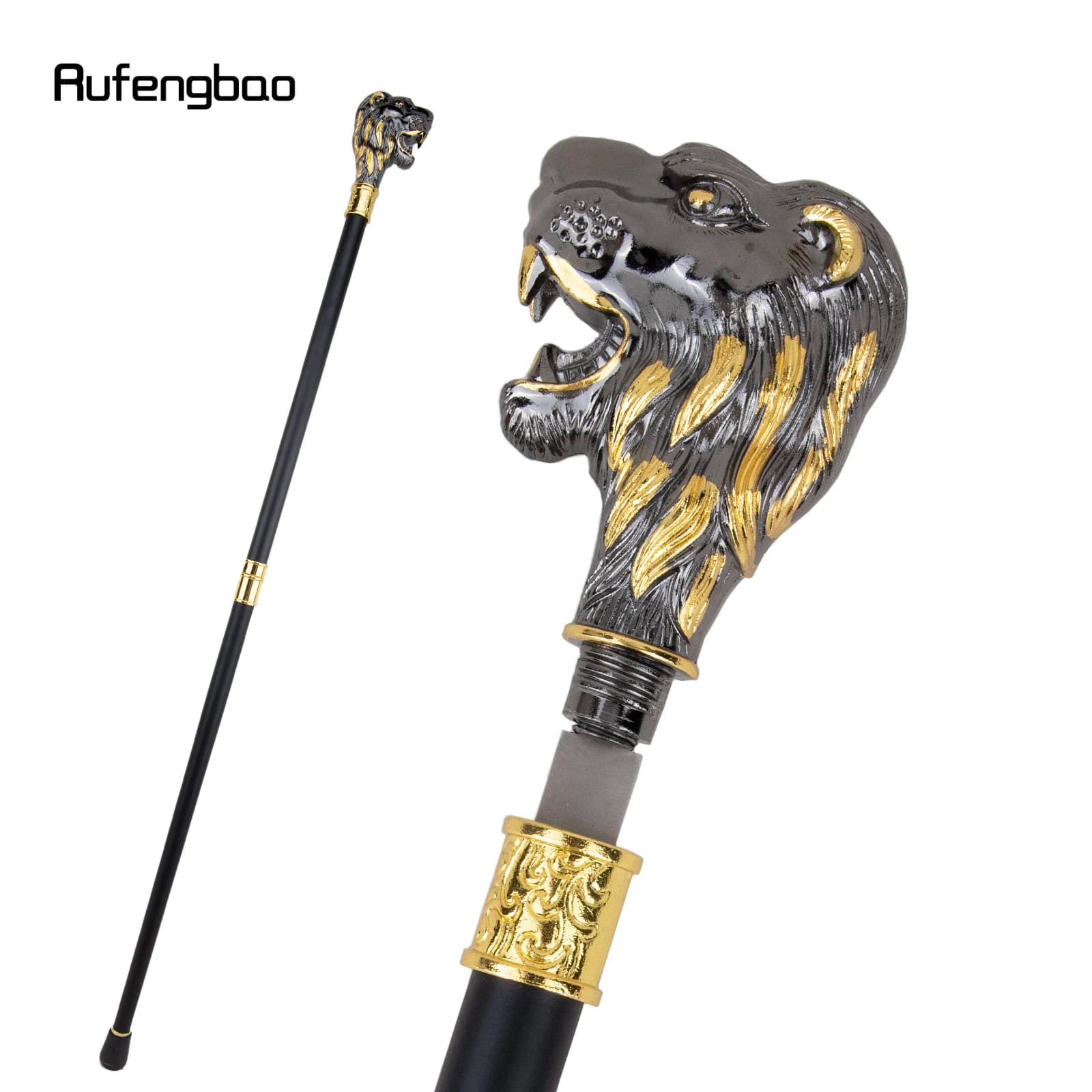 Golden Black Lion Head with Mustache Walking Stick with Hidden Plate Self Defense Fashion Cane Plate Cosplay Crosier Stick 93cm