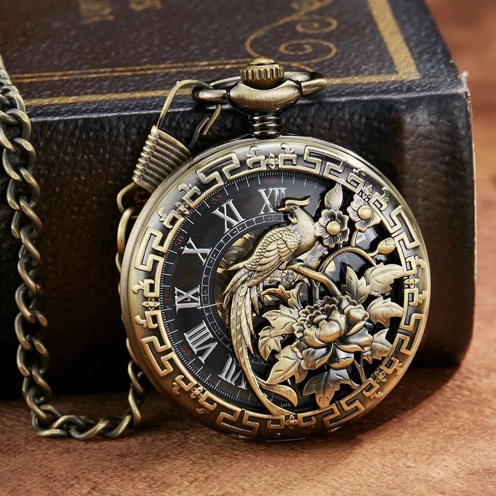 Vintage Dragon Phoenix Flower Exquisite Sculpture Mechanical Pocket Watch Chains Luckly Lover Wedding Retro Skeleton Watch