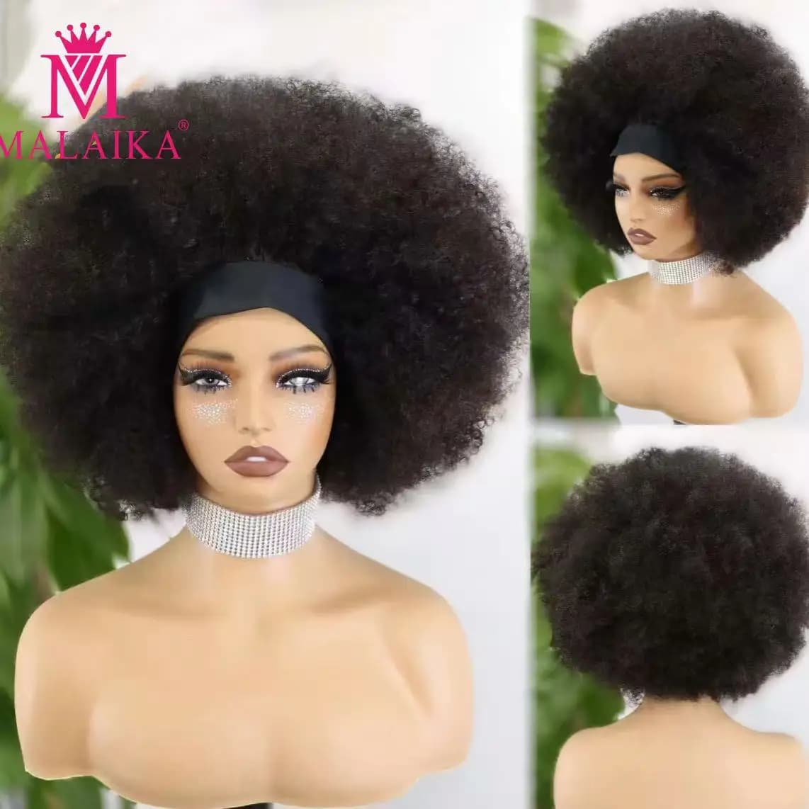 Malaika Afro Kinky Curly Bob Human Hair Wig Headband Wig Brazilian Remy Short Bob Wig 200% Density for Black Womam