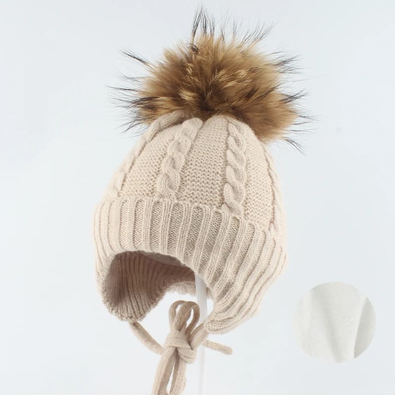 Real Raccoon Fur Pompom Hat Children Girl Boy Winter Warm Plus velvet Knitted Wool Beanies For Kids Outdoor Earflap Baby Cap