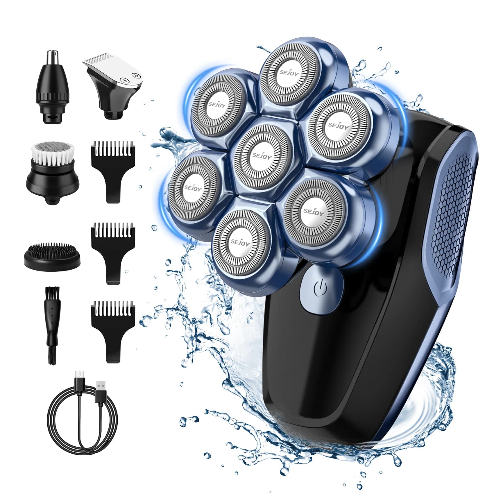Sejoy Electric Bald Shaver for Men 7 Heads Beard Razor Hair Clipper Facial Cleaner Massager Nose Trimmer IPX7 Fully Washable