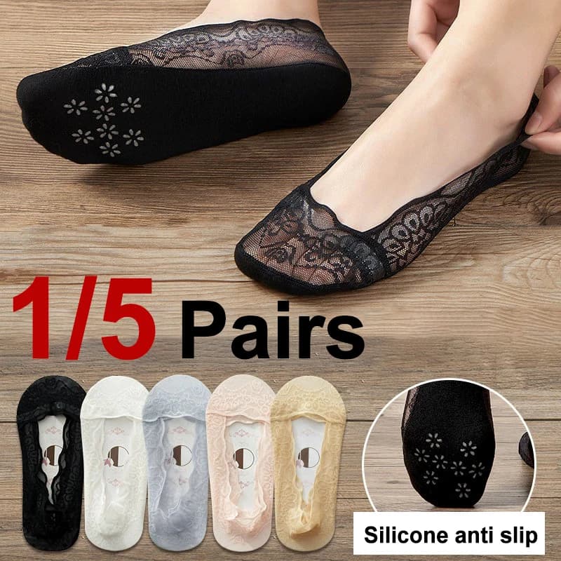 1/5 Pairs Women Lace Boat Socks Solid Color Shallow Bottom Cotton Summer Thin Breathable Silicone Anti Slip Invisible Socks