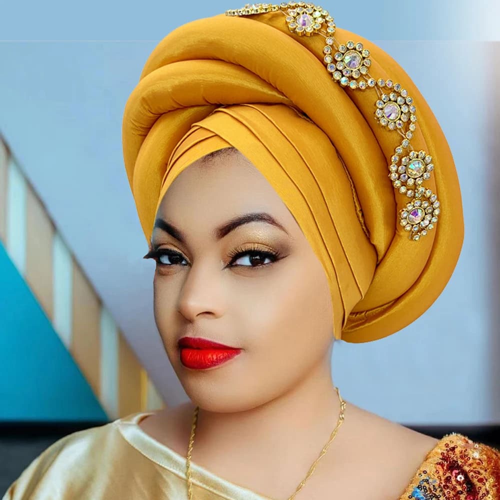 Twisted Braid Turban Cap for Women African Lady Head Wraps Diamonds Nigeria Raw Silk Autogele Headtie Muslim Hat Party Headwear