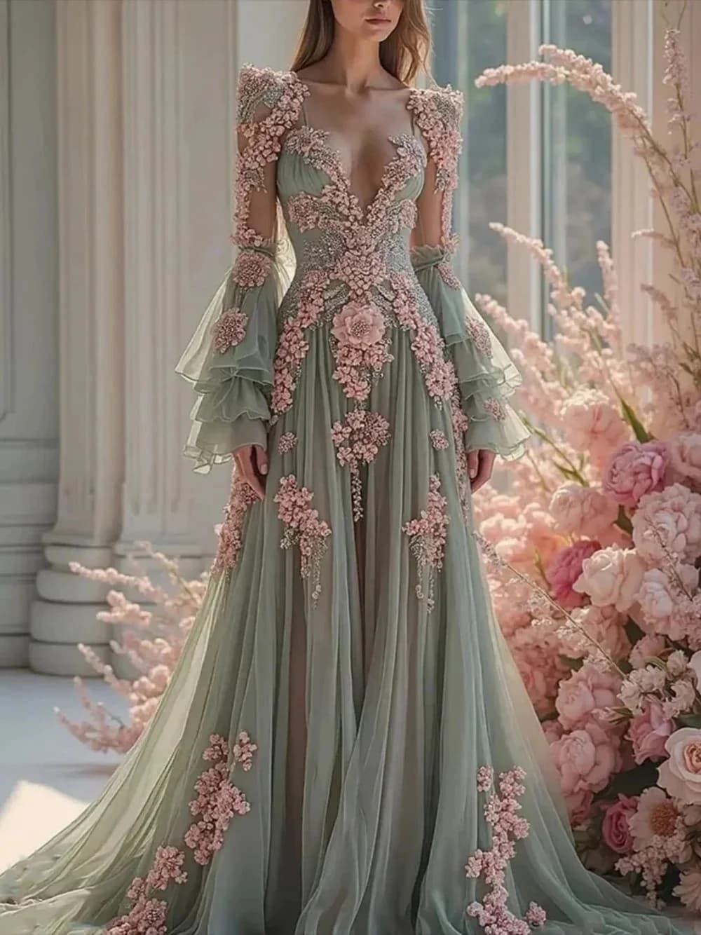 Lace Floral Long Sleeves Bespoke Occasion Gown Evening Dresses Pastrol Unisex Jersey Retro Dubai Saudi Arabic Prom Customized
