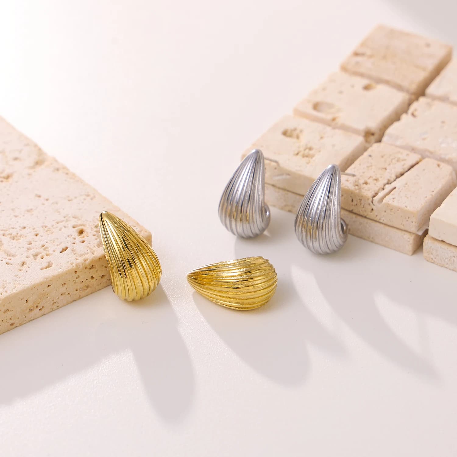 CARLIDANA Fashion 18K Gold Plated Tear Drop Stud Earrings Waterdrop Jewelry Stainless Steel Hollow Texture CC Earrings Women