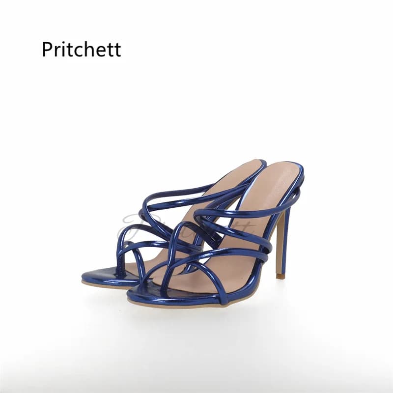 Blue Leather Women's Slippers Clip Toe High Heels Sandals for Women Summer Shoes Stiletto Flip Flops Fashion Concise Party Shoe