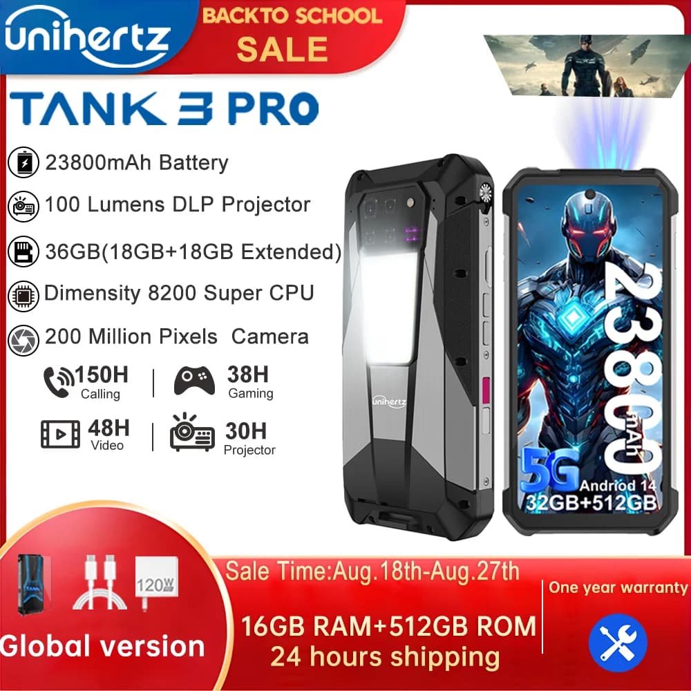 Unihertz Tank 3 Pro 8849 Rugged 5G Smartphone Android with 100 Lumens Projector 32GB 512GB 23800mAh 6.79" FHD Waterproof Phone