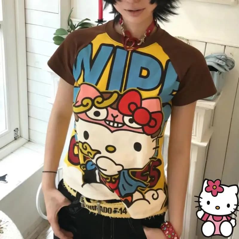 Sanrioed Hello Kittys Short Tops Y2K Women Summer Anime Fashion Tees Cartoon Printed High Street Gothic Short Sleeve T-Shirts