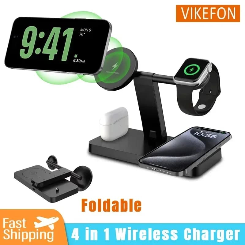 Foldable 4 In 1 Magnetic Wireless Charger Stand For Magsafe iPhone 16 15 14 13 12 Apple Watch Airpods Fast Charging Dock Station
