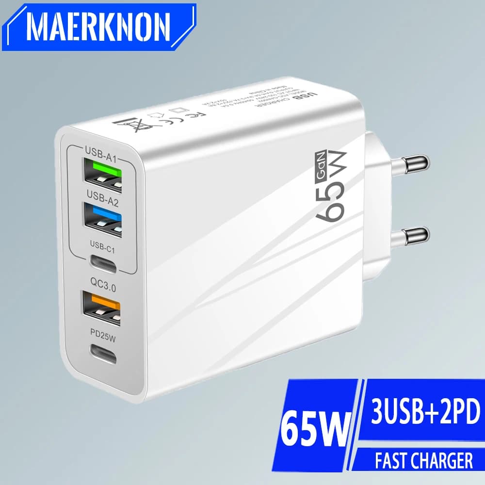 65W GaN USB Fast Charger Multi Ports Type C Quick Charge Wall Charger For iPhone 15 Samsung Xiaomi USB PD Phone Charger Adapter