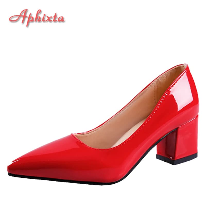 Aphixta 5cm Square Heels Patent Leather Red Pumps Shoes Woman Classics Pointed Toe Dress Official Pumps Party Plus Size 49 50