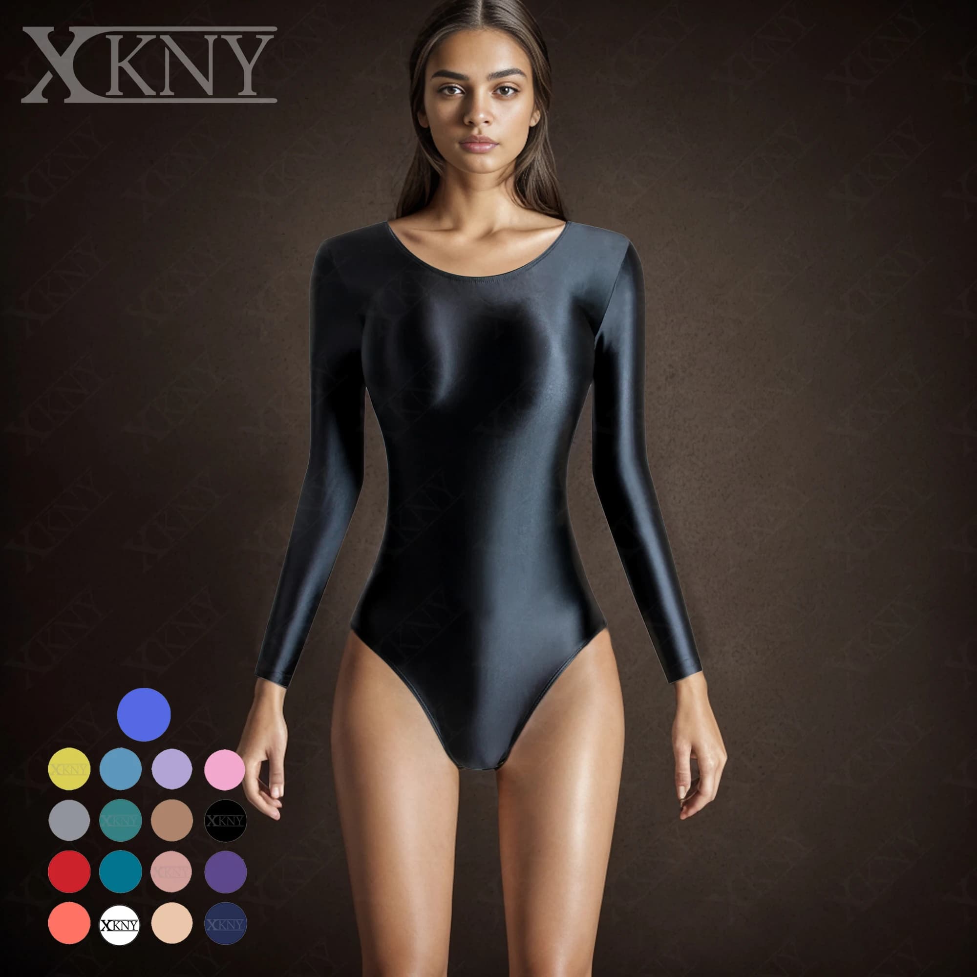 XCKNY glossiness series One piece swimsuit satin glossy high fork long sleeve tights Yoga sportswear solid color gymnastic suit