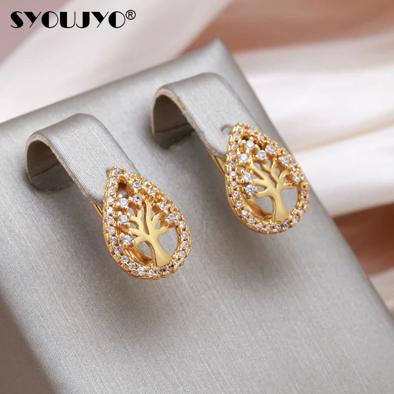 SYOUJYO Water Drop English Earrings For Women Vintage Natural Zircon Luxury Wedding Jewelry Fashion Hollow Tree Earrings