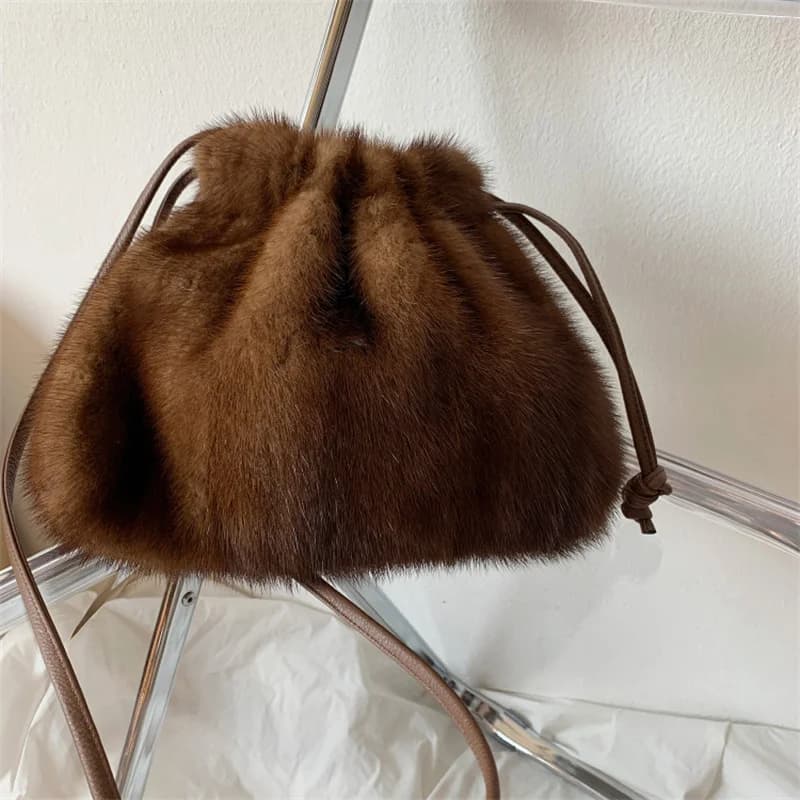 Ladies Real Mink Messenger Bag Ladies Fashion Shoulder Bag Fluffy Mink Fur Drawstring Fur Bag