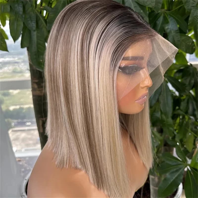 13x1 Short Bob Wig Ombre Ash Blonde Straight Lace Front Wig Brazilain Natural Hairline Wig 180% Density Preplucked Hairline