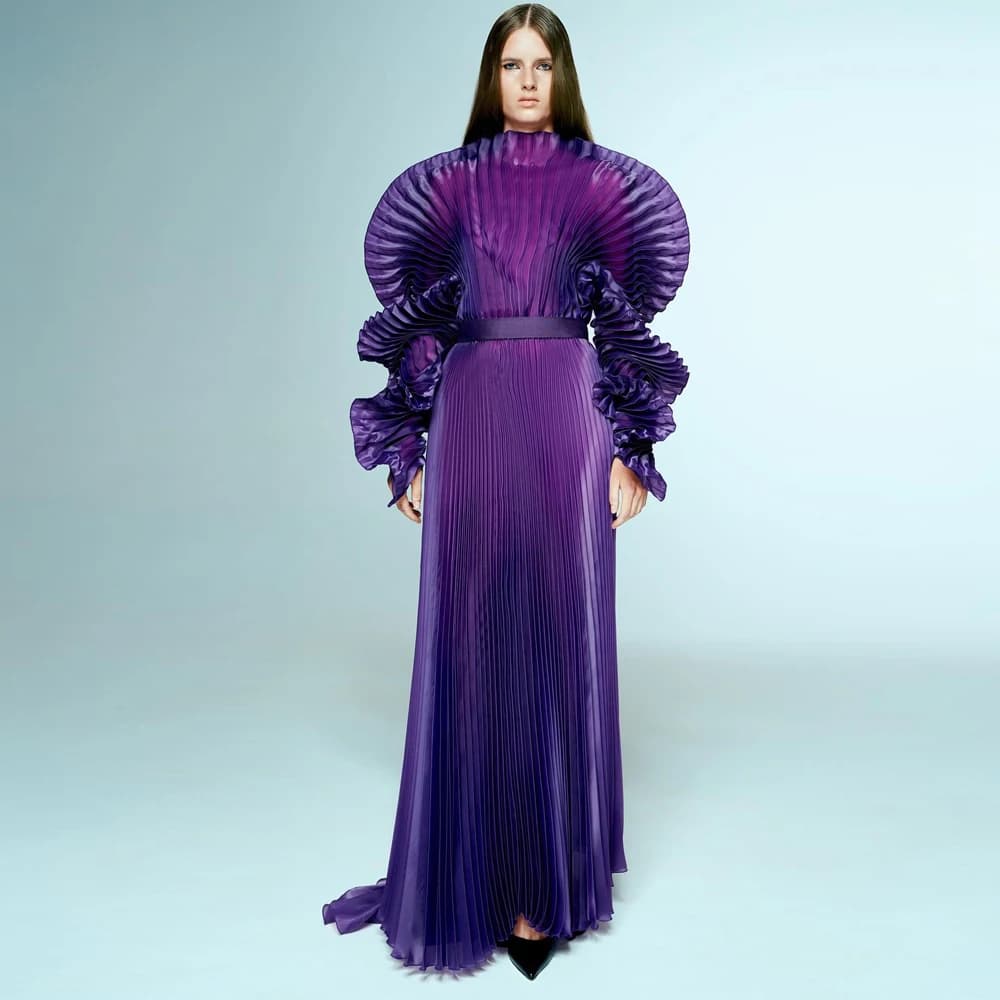 Fashion Dark Purple Pleated Long Prom Dresses See Thru Full Sleeves Elegant Formal Party Dress Modest Prom Gowns