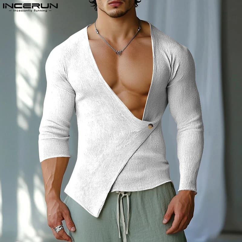 Fashion Sexy Style Tops INCERUN New Men's Deconstructive Texture T-shirts Streetwear Male Solid Long Sleeved Camiseta S-5XL 2024