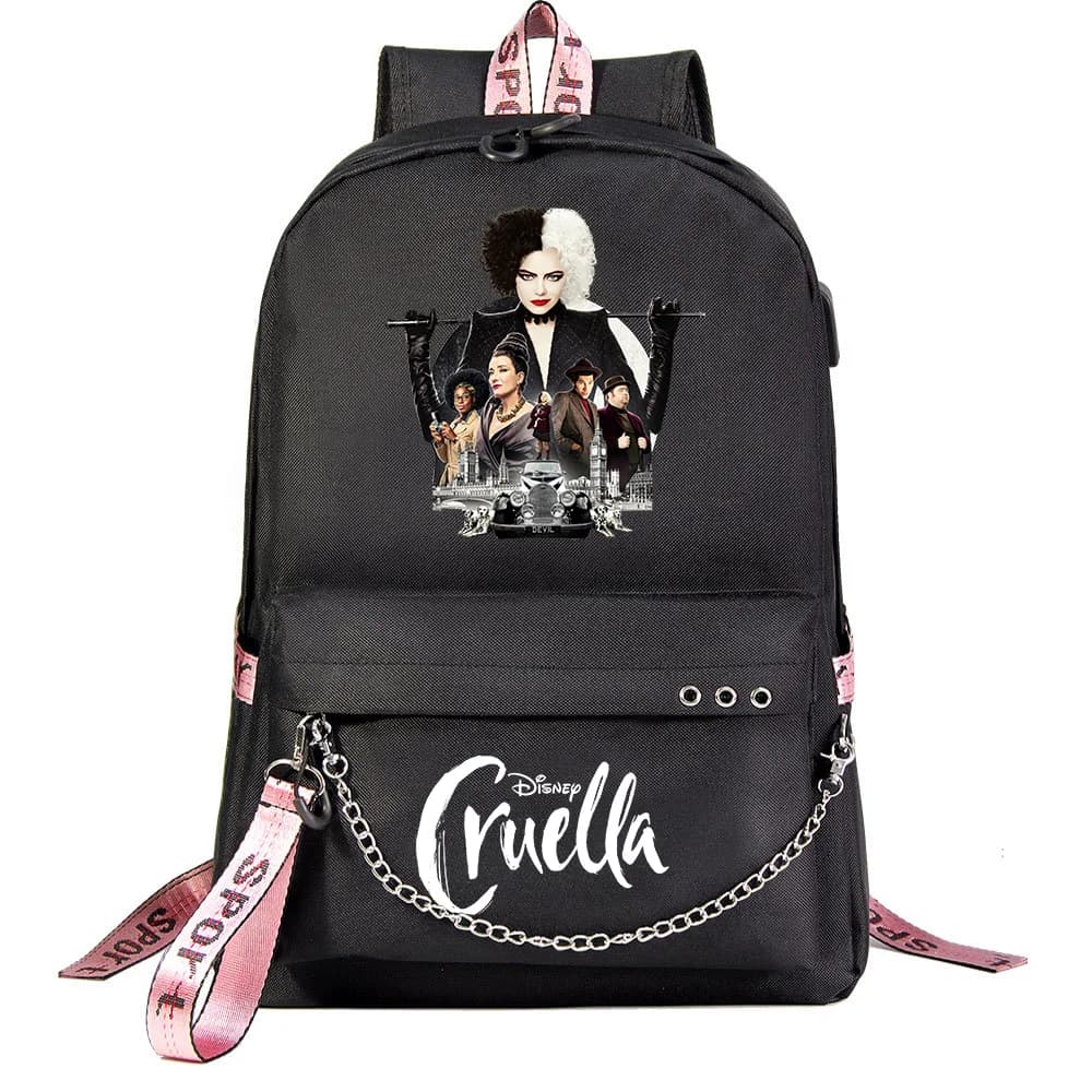 Disney Movie Cruella de Vil Students School Bag Women Men Causal Travel Laptop Backpack with Charging USB Teenager Backpacks