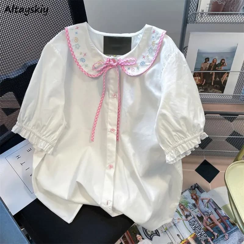 Embroidery Shirts Women Lovely Age-reducing Summer New Students Puff Sleeve Popular Korean Style Loose All-match Casual Graceful