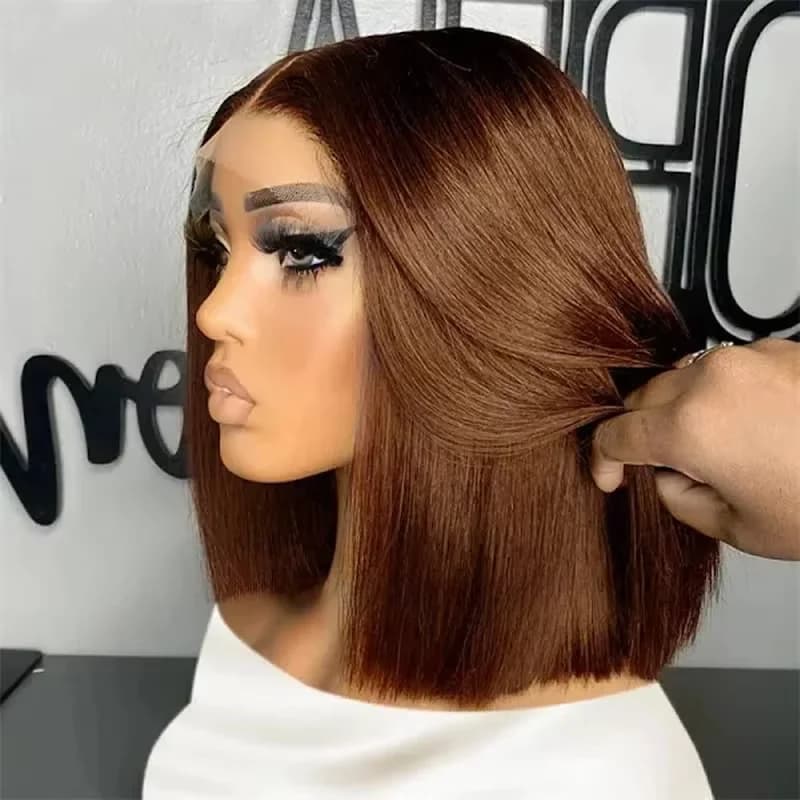13x4 Lace Front Bob Wigs Human Hair Chocolate Brown Straight Bob Wigs 200% Full Density Transparent Lace Frontal Wigs For Women