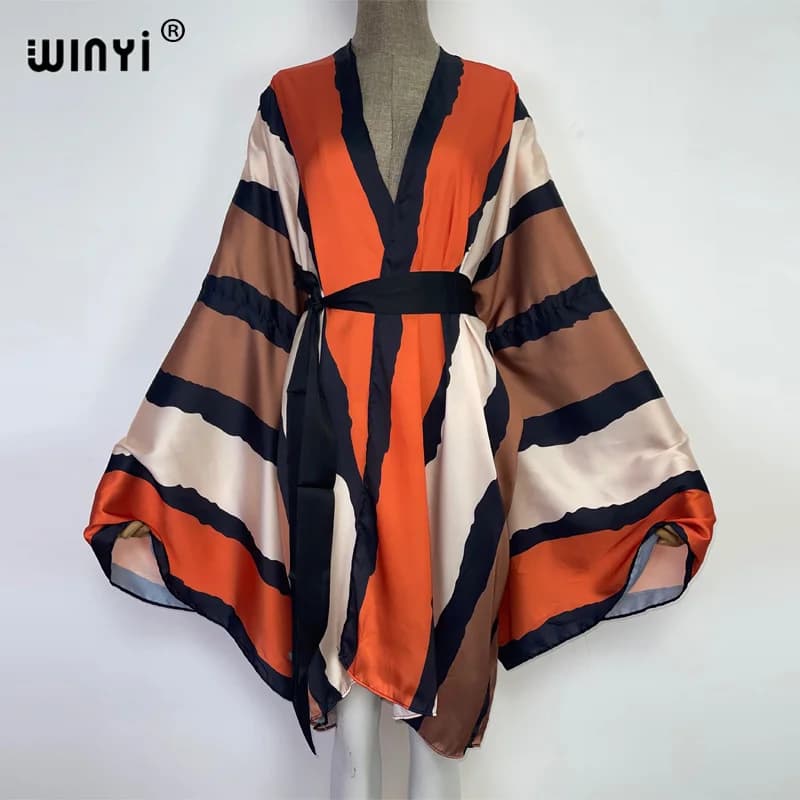 2022 WINYI Summer Beach Wear Swim Suit Cover Africa sweet lady boho Cardigan stitch Self Belted sexy Holiday long Sleeve Kimono