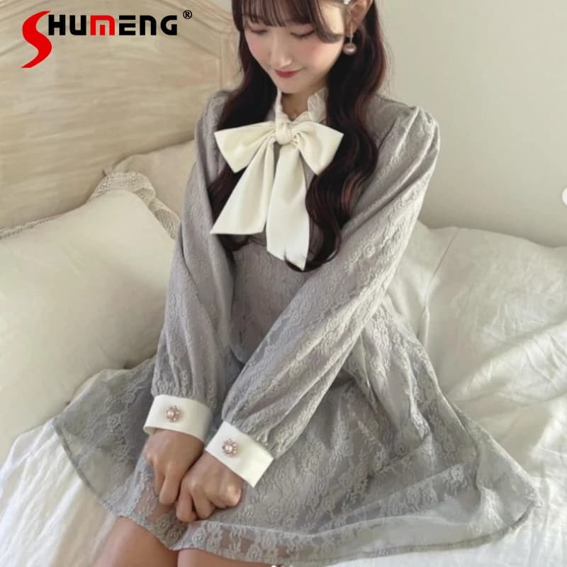 Japanese Sweet Bow Tie Mid Dress for Women 2024 Spring New Mine Series Mass Production Gentle Woman High Waist Lace Pink Dresses