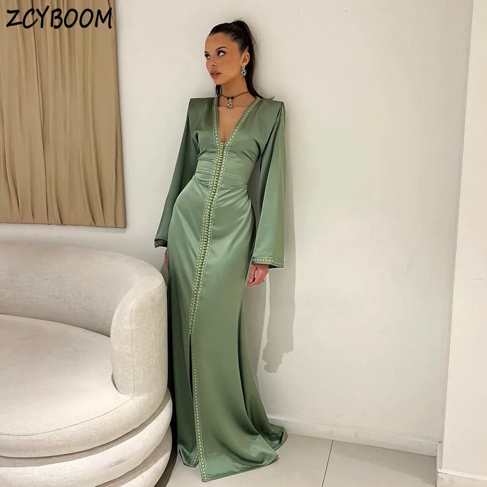 Elegant V-Neck Kaftan Dress Dubai Turkey Golden Appliques Long Sleeves Evening Dress 2025 A-Line Floor Length Zipper Prom Dress