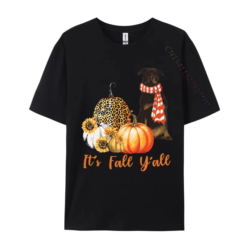 Its Fall Yall Rottweiler Dog Leopard T-shirt Black Cotton Tees for Men Novelty T Shirt Gothic Plain